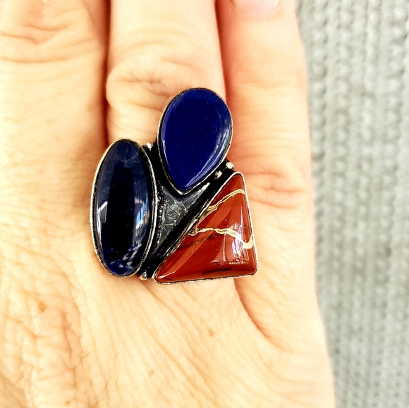New Navy Sodalite, Lapis Lazuli and Red Jasper 925 Silver Ring. - Picture 7 of 7